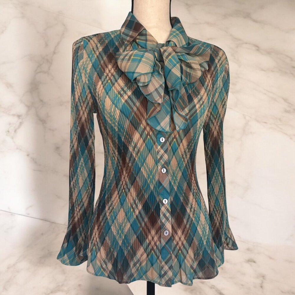 Nicola Vintage Accordion Pleat Blouse - Plaid Button Front, Neck Scarf, Flowy, 8